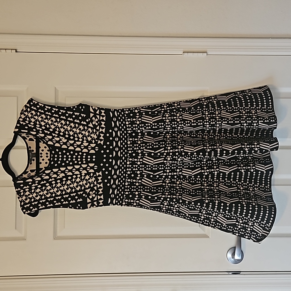 Muse Black Beige Jacquard A-Line Fit & Flare Dress